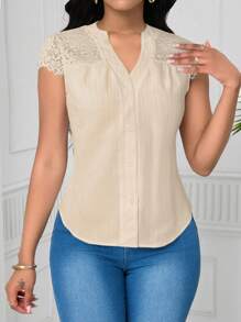 SHEIN Unity Blusa elegante de manga corta con patchwork de encaje y patrón de ola para mujeres - Albaricoque - Ver 4