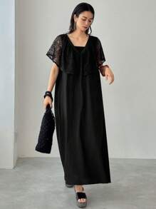 FRIFUL Đầm dài dáng rộng, cổ chữ V, không tay, phối ren tương phản, màu trơn, thích hợp cho nữ, kiểu dáng thường ngày, thích hợp mặc đi nghỉ mát. - màu đen - Xem 1
