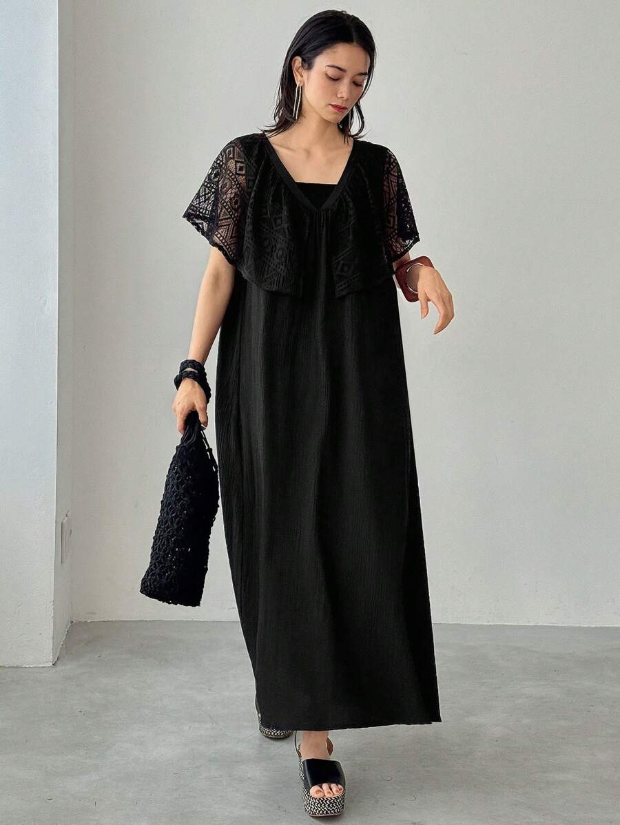 FRIFUL Đầm dài dáng rộng, cổ chữ V, không tay, phối ren tương phản, màu trơn, thích hợp cho nữ, kiểu dáng thường ngày, thích hợp mặc đi nghỉ mát. - màu đen - Xem 1