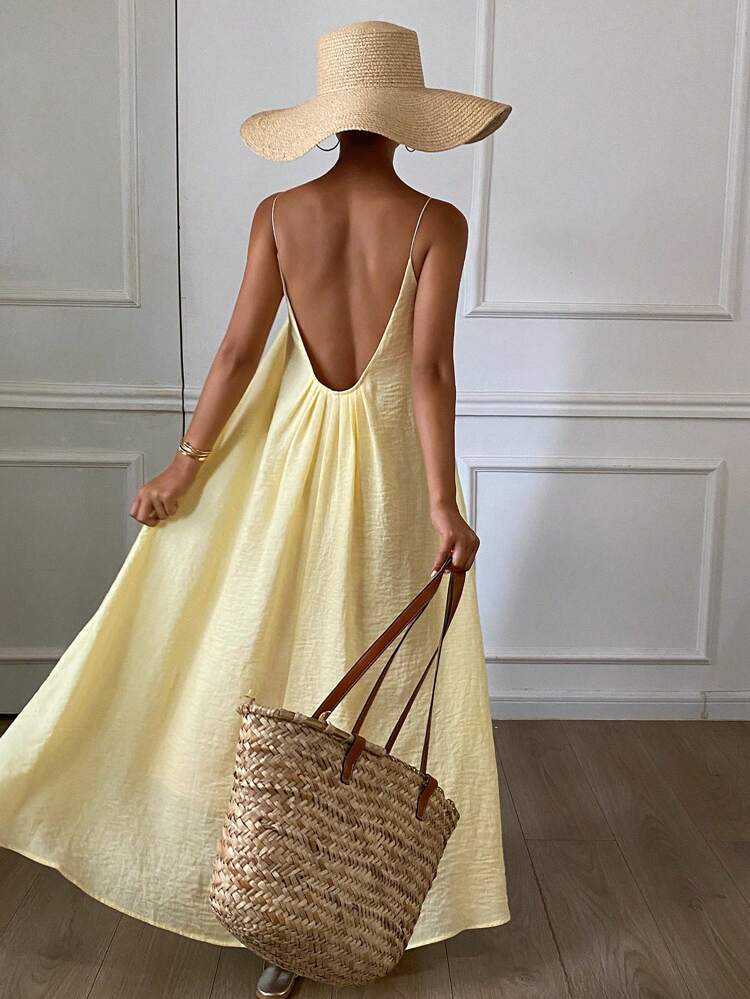 Women's Summer Vacation Casual Solid Color Backless Spaghetti Strap Dress