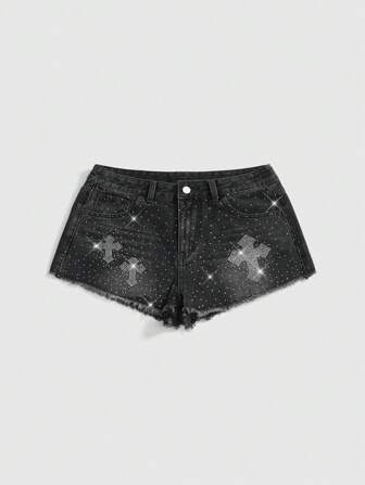 Grunge Punk Plus Size Women's Casual Vintage Street-Style Distressed Raw Hem Rhinestone Cross Denim Shorts