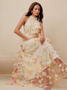 Anewsta Robe trapèze sans manches avec décoration florale 3D