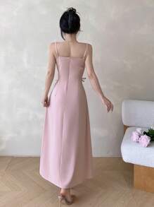 Modelyn 女式腰部系带蝴蝶结中长连衣裙，优雅修身 - 粉色 - 查看 2