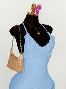 Amplova 深 V 领荷叶边不对称下摆紧身连衣裙 - 淺藍色 - 查看 3