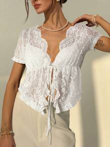 Aloruh New Sexy Lace Deep V Neck Drawstring Tie Asymmetrical Hem Slim Fit Blouse - White - View 6