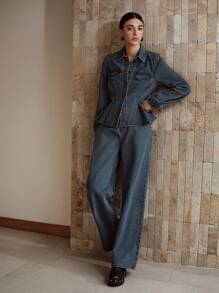 MOTF PREMIUM BUTTON UP PEPLUM TOP & SLANT POCKET JEANS DENIM SET - Blue - View 6