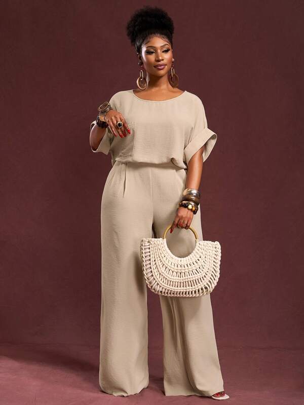 Veslaya 2pcs/Set 2025 Spring/Summer New Casual & Commute & Vacation Solid Color Khaki Loose Raglan Sleeve Crew Neck Shirt With Pockets And Super Long Straight Leg Pants, Woven Textured Fabric, Plus Size Women SuitSummer Outfits For Women,Two Piece Set Women,Old Money Style Women,Business Casual Woman