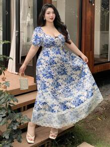 Dazy Plus Vestido maxi floral de manga corta ajustado con decoración de lazo de encaje en contraste
