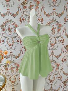 SHEIN Unity Women's Spring/Summer Off-The-Shoulder Sleeveless Tank Top - Green - View 3