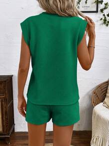 SHEIN LUNE 户外运动休闲吸湿排汗垫肩 T 恤和短裤 2 件套女士夏季 - 墨綠色 - 查看 2