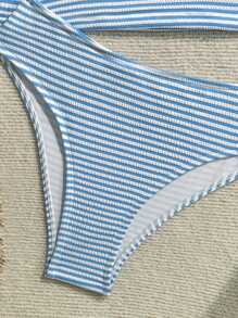 Soleia 2pcs Women's New Striped Vest + Triangle Bikini Swimsuit Set, Vacation Style Off The Shoulder Christmas Tops For School Back To School Outfits Women Back To School Women's Fall Clothes Goth Women Clothing Club Outfits Women Sexy Halloween Costumes Going Out Outfits Concert Outfits Country Concert Outfit - Multicolor - View 4