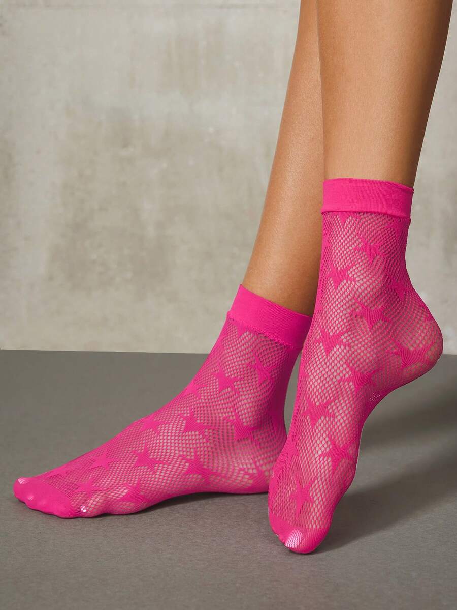 SHEIN ICON Black Star Jacquard Fishnet Ankle Socks, Sexy Star Patterned Tights - Rose Red - View 1
