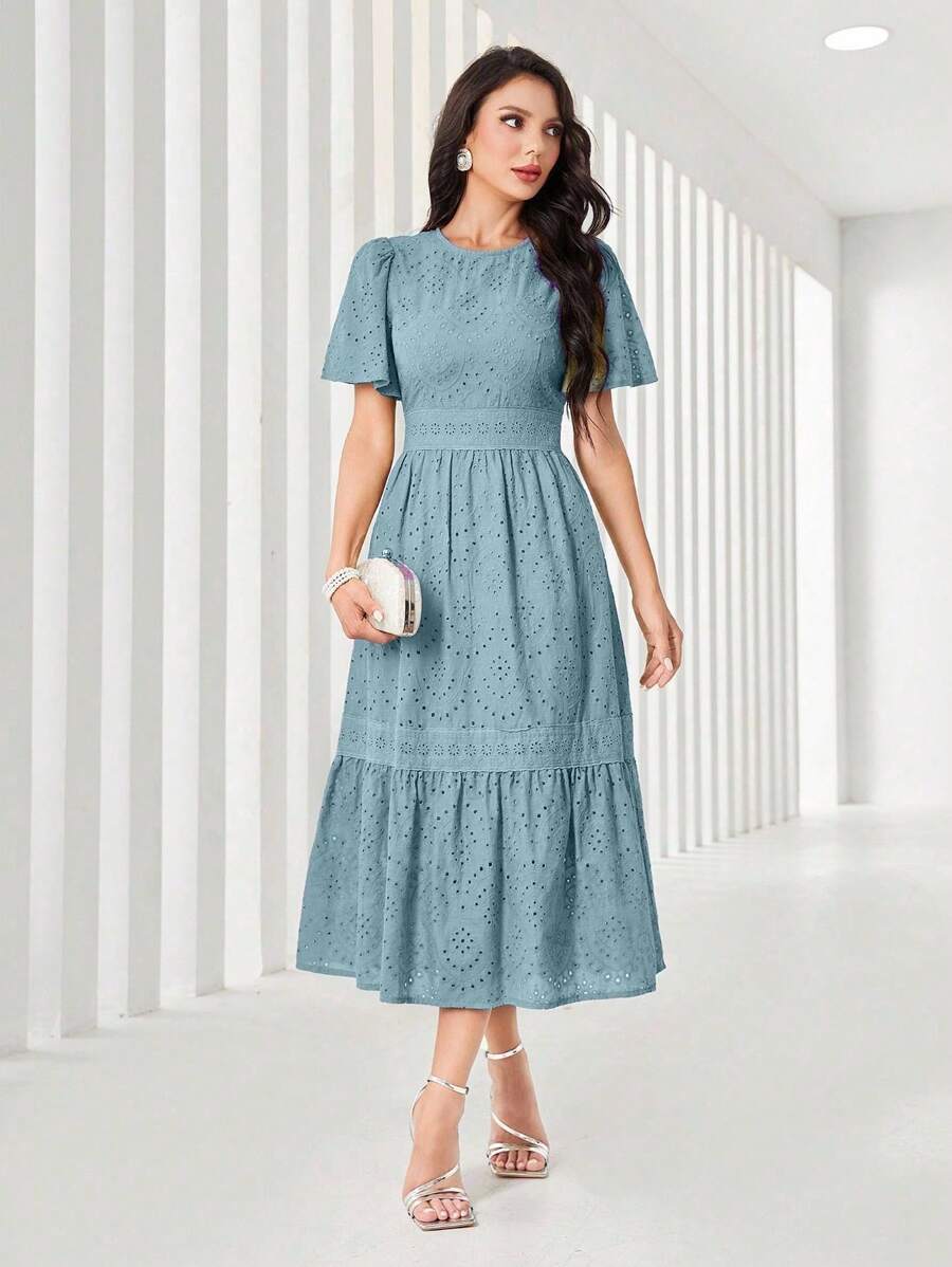 Modelyn 女士优雅浪漫网眼刺绣圆领短袖连衣裙 - 淺藍色 - 查看 1