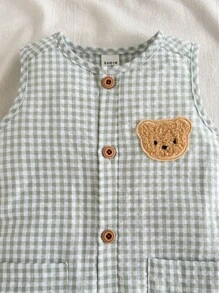 SHEIN 男婴可爱熊刺绣领亨利连体裤，带口袋，适合通勤、休闲、度假、运动、春夏季、男婴服装、婴儿服装、幼儿连体衣