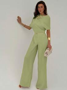 Aloruh Bộ đồ liền thân ống rộng cổ không đối xứng màu mơ đơn giản mới, xếp ly, eo thắt gợi cảm - màu xanh lá - Xem 2