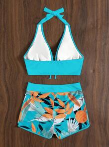 Swim Lushoire 女款夏季海灘熱帶植物印花掛脖繫帶性感比基尼泳衣套裝，隨機印花 - 薄荷藍 - 查看 2