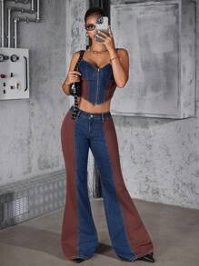 Jeanoix Damen Jeans & Wildleder Patchwork Hosen mit ultratiefer Taille und Weitung - Verschiedenfarbig - Übersicht 7