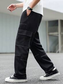 Manfinity Homme Men's Casual Multi-Pocket Drawstring Cargo Pants - Black - View 3