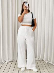 SHEIN Tall CURVE 大码休闲纯色直筒裤