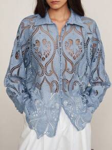 Dazy-Less 轻盈蕾丝提花宽松休闲商务办公女装衬衫，夏季、秋季女装长袖上衣 - 藍色 - 查看 6