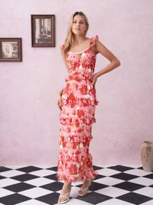 SHEIN Clasi Women's Elegant Chiffon Maxi Dress, European And American Style Ruffled Layered Flowy Floral Print Drawstring Waist Dress - Pink - View 1
