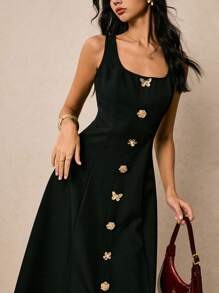 Poéselle 女士优雅金属装饰无袖中长连衣裙，夏季 - 黑色 - 查看 6