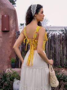 SHEIN 1pc Women's Elegant Floral Print Criss-Cross Backless Bustier Top - Yellow - View 2