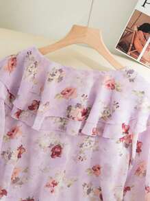 Modelyn Women Floral Print Flounce Collar Long Sleeve Elegant Blouse - Mauve Purple - View 5