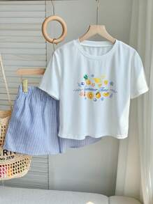 Comfortcana 2pcs Women Summer Letter & Pineapple Print Round Neck Short Sleeve T-Shirt And Striped Shorts Set