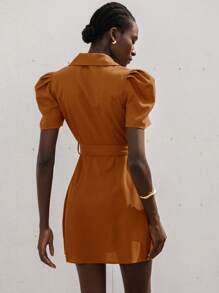 Aveloria Modichic Premium Quality Lapel Short Puff Sleeve Mini Dress For Women - Brown - View 2