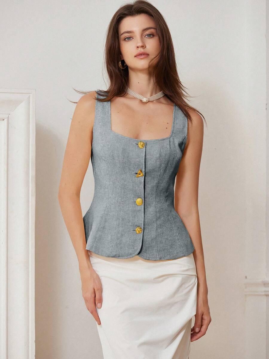GENKIRA Square Neckline Slim Fit Tweed Button-Up Top For Women, Spring/Summer - Grey - View 1