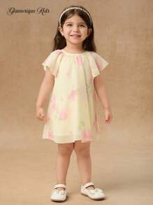 SHEIN Glamorique Kids Baby Girls Floral Print Layered Mesh Splicing Puff Sleeve Lovely Elegant Party Dress, Spring/Summer - Apricot - View 1