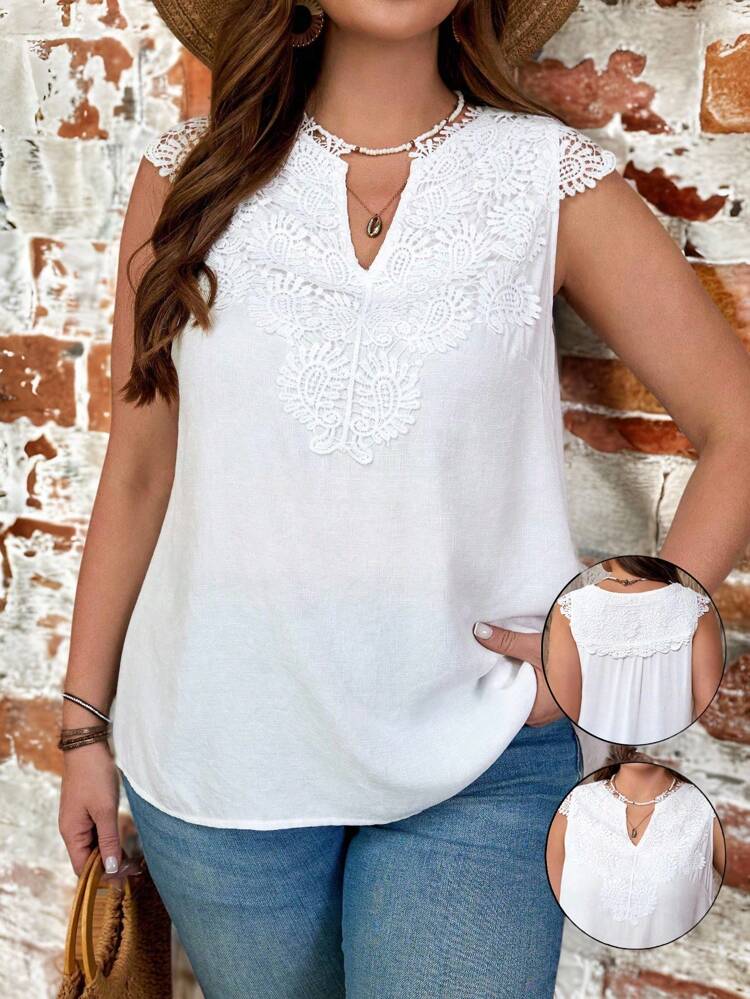 Damen Große Größen Sommer Urlaub Weiße Spitze Patchwork Lässige Loose Fit Tunika Bluse, Geschenke für Mutter, Sommerurlaub, Urlaub Frauen, Einfach und modisch für den Alltag, Urlaubs-Stimmung, Frühjahrsferien, Casual Wear, Boho