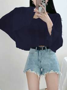 DAZY Camiseta suelta de mujer de cuello en V y unicolor, tops de primavera/verano con estilo universitario de manga larga, ropa de mujer de otoño, tops cortos de mujer