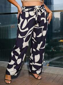 SHEIN SXY Plus Size Women Geometric Print Knotted Waist Pockets Wide Leg Pants,Suitable For Early Spring, Spring And Summer, Rainforest, Beach Party, Seaside Vacation, Bonfire Party, Cool And Light, Slim Fit, Comfortable To Wear,Easy To Match&Looks Slim,Accent Your Body,Flatter The Figure