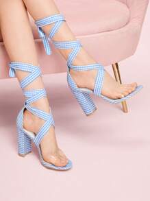 CUCCOO DOLLMOD 女士时尚优雅通勤休闲度假混色撞色绑带格纹面料粗跟蓝色罗马凉鞋 - 藍色 - 查看 3