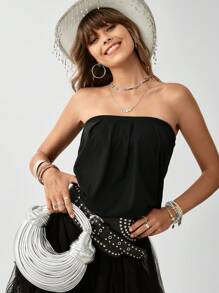EMERY ROSE Solid Fold Pleated Tube Top - Black - View 4