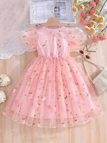 SHEIN Girls' Elegant Sweet Floral Embroidery Puff Sleeve Princess Dress, Long Dress Suitable For Performance, Evening Party, Birthday Party - Pink - View 2