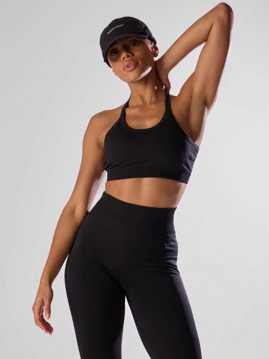 Musera Sport Áo ngực thể thao dáng ngắn, lưng chéo, dày dặn, không đường may, có logo phía trước, thích hợp cho tập luyện thể dục, chạy bộ, câu lạc bộ, Padel, Tennis, Pickleball, tập gym và thể hình. - màu đen - Xem 1