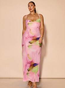 SHEIN BAE 大码女式优雅花卉印花超长吊带裙、度假装、度假太阳裙、海滩度假装、热带度假女装、女式夏季服装、太阳裙、日常穿着、露背连衣裙、超长连衣裙、女式花卉连衣裙、褶皱、女式淡色连衣裙 - 彩色 - 查看 3