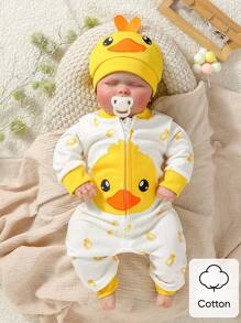 SHEIN 男婴休闲长袖连体衣，可爱鸭子印花，配有帽子，适合春秋季居家玩耍或户外活动。 - 彩色 - 查看 9