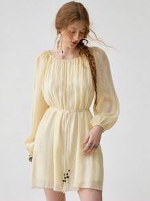 Florisole Women's Spring/Summer Elegant Printed Loose Lantern Sleeve Tie Waist Casual Round Neck Short Dress - Apricot - View 1