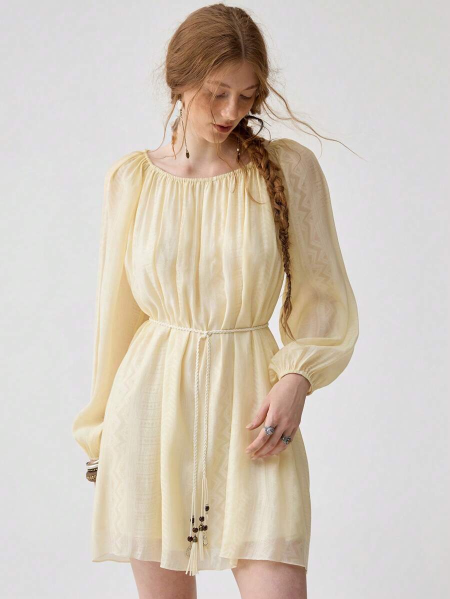 Florisole Women's Spring/Summer Elegant Printed Loose Lantern Sleeve Tie Waist Casual Round Neck Short Dress - Apricot - View 1