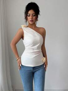 Elenzga Women Asymmetrical Shoulder Ruched Sleeveless Blouse - Apricot - View 5
