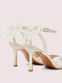 CUCCOO DOLLMOD Women Beige Satin Pearl & Bow Decor Elegant Fashion Round Toe Ankle Strap High Heel Sandals - Beige - View 8
