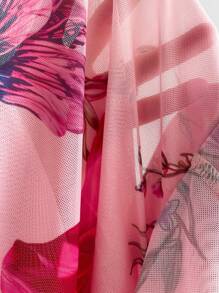 SHEIN Unity Women's Pink Mesh Romantic Vacation Floral Print Twist Off Shoulder Sheer T-Shirt - Pink - View 5
