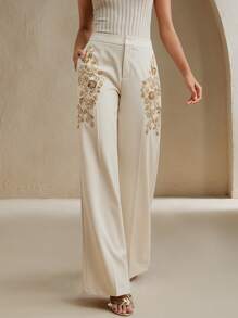 Anewsta Eleganti pantaloni da tailleur da donna con decorazioni floreali in perline, adatti per l'ufficio