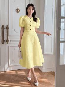 DAZY 2件套女士圆领泡泡袖上衣和裙子套装