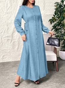 Al Najma Spring & Summer Casual Solid Color Lantern Sleeve Front Button Maxi Arabian Dress Full Length Modest Elegant Style For Casual Daily/Work/Holiday/Evening Parties/Wedding Guest - Blue - View 7