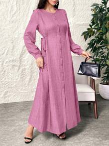 Al Najma Váy Maxi Ả Rập tay đèn lồng màu trơn giản dị mùa xuân & mùa hè dài đến đầu gối, phong cách thanh lịch khiêm tốn cho trang phục thường ngày/công sở/ngày lễ/tiệc tối/khách dự tiệc cưới - Hồng - Xem 6